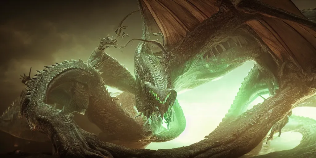 Image similar to a dragon with alien mutations, octane render, 3D