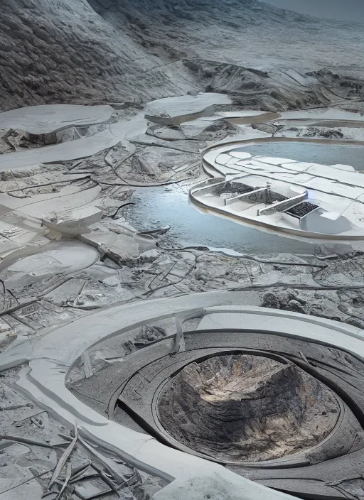 Prompt: bioremediation white architecture high tech, in the mining tailings of chuquicamata, epic, cinematic, hyperealistic, high detailed, corona render, hdr, ray tracing