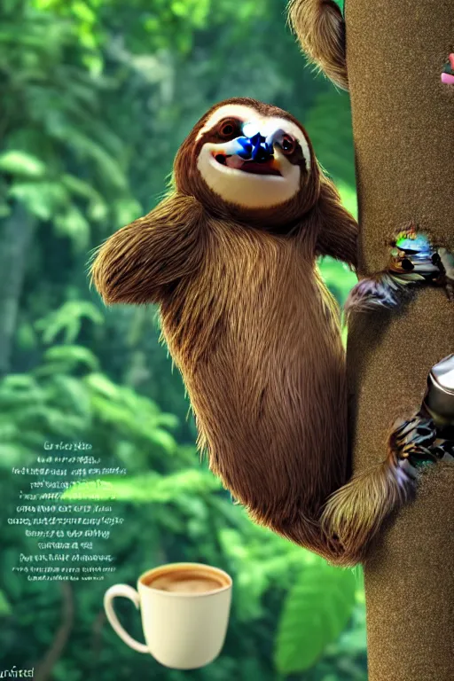 Image similar to one happy sloth climbing a tree in a tropical forest holding one cup of coffee on his hand . Pixar Disney 4K 3d render funny animation movie Oscar winning trending on ArtStation and Behance. Ratatouille style.