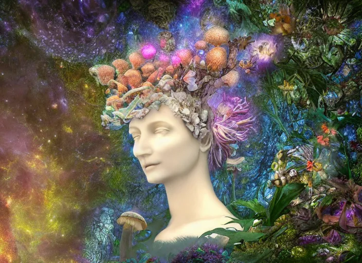 Image similar to glowing delicate flower and mushrooms that grow in a dark fatansy forest on the planet Pandora, an idealistic marble statue with fractal flowery hair in a fractal garden,