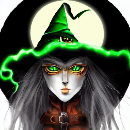 Image similar to witch cat wearing hat, big green eyes, Castlevania style.