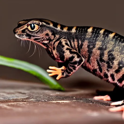 Prompt: a feline salamander - cat - hybrid. animal photography, wildlife photo