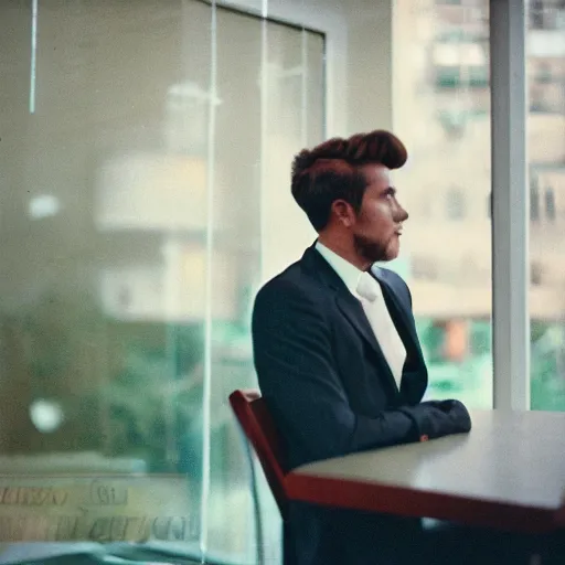 Image similar to A young man in a suit sits at a table on a martial green flannel, bokeh, cinestill