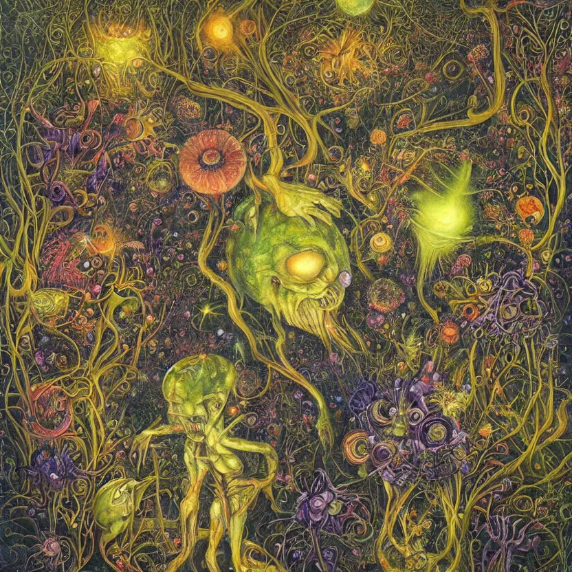 Image similar to painting of aliens in a garden at night by hannah yata and r. s. connett.