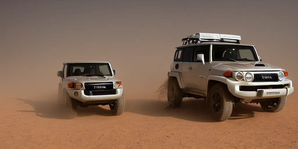 Prompt: Toyota FJ cruiser, sitting in a dust storm in the desert, photography