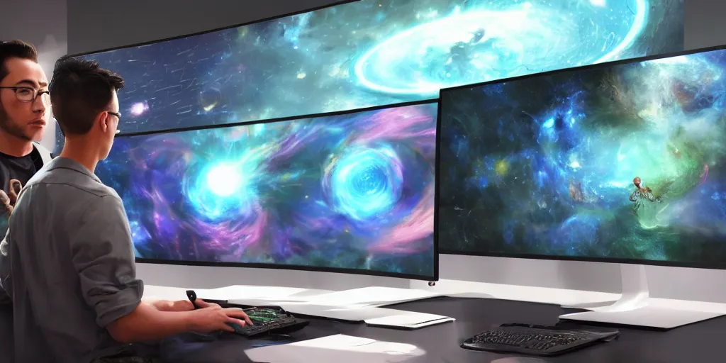 Prompt: a young mage creating a universe in his PC, a male mage in his 20s with black hair sitting in front of wide monitor, hands on a keyboard. a monitor with universe creation through visual editors and neural networks. hyperrealistic, extremely detailed, award-winning art, trending on Artstation