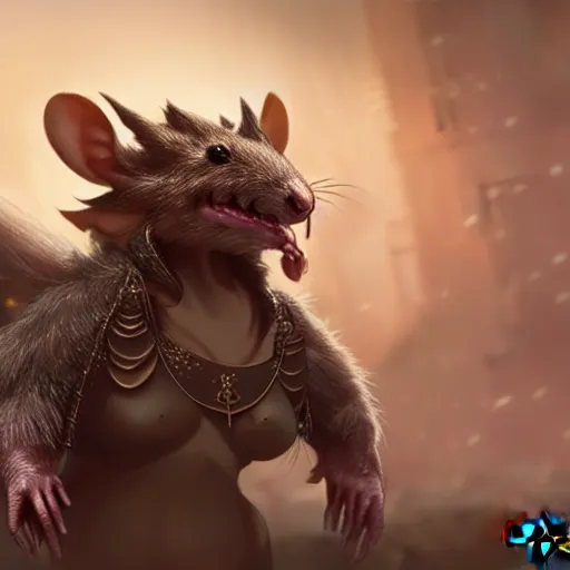 Prompt: a female rat creature with seductive smile, wears a diadem and chees armor, by greg rutkowski, design for magic the gathering, highly detailed, octane render, 4 k