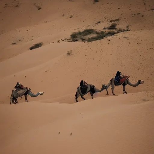 Prompt: anna forsterling and saul bromberger, yulia nevskaya, pulitzer winning, photorealistic, bokeh, fine details, aesthetic / woman wear burqa ride camel and handling gun in shaaran