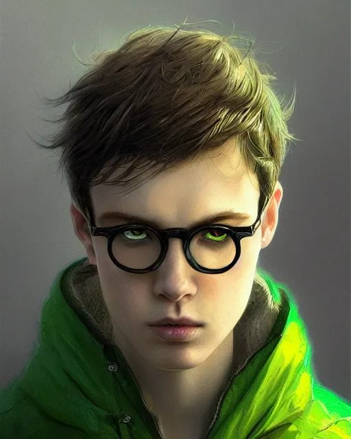 Prompt: boy thin face, black hair, and bright green eyes. wearing round glasses held together with a lot of scotch tape. a very thin scar on his forehead like a bolt of lightning, hyper realistic face, beautiful eyes, fantasy art, in the style of greg rutkowski, intricate, hyper detailed, smooth