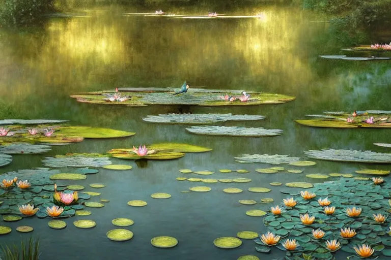 Image similar to pale teal rain beside pond with waterlilies, fantasy, intricate, elegant, dramatic lighting, emotionally evoking symbolic metaphor, highly detailed, lifelike, photorealistic, digital painting, artstation, concept art, smooth, sharp focus, illustration, art by John Collier and Albert Aublet and Krenz Cushart and Artem Demura and Alphonse Mucha