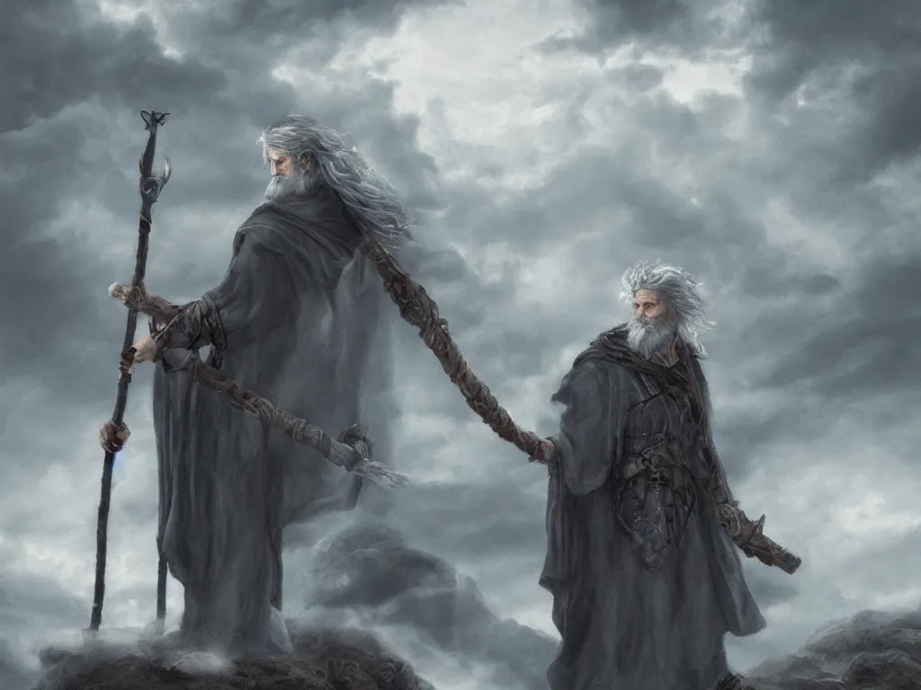 Image similar to Odin the wanderer in a grey cloak with his staff travelling walking on a path with clouds above him, neo-romanticism, norse mythology, colorful