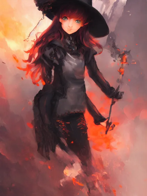 Image similar to Full shot of a cute mischievous young witch about to get up to some trouble. Black and Orange palette. By Ruan Jia and Artgerm and Range Murata and WLOP and CLAMP. Key Art. Fantasy Illustration. award winning, Artstation, intricate details, realistic, Hyperdetailed, 8k resolution.