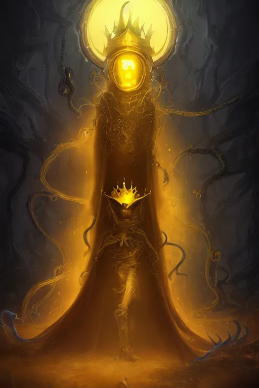 Image similar to A full body portrait of a mysterious character with no face with a very long hooded yellow cloak, a golden crown floating above his head tentacles coming out the ground art by Shaddy Safadi and Jason Chan, ominous, cosmic horror, trending on artstation, Ultra detailed, hyper realistic 4k