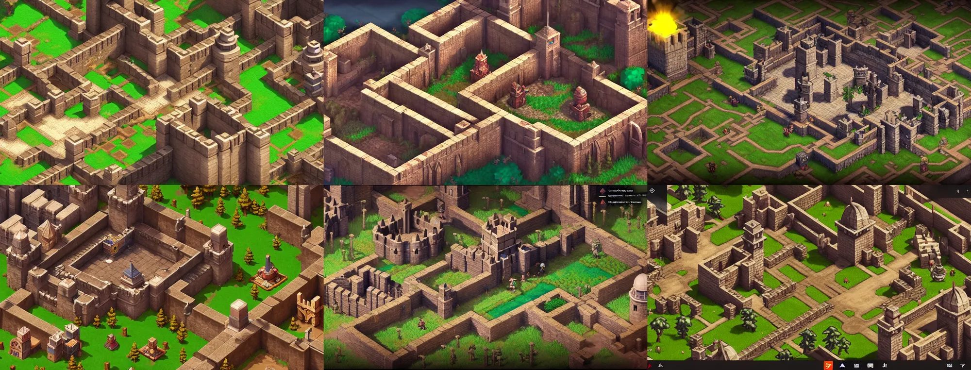 Prompt: isometric late medieval fortress, nintendo switch gameplay trailer, octopath traveler, triangle strategy, diorama, sepia colors, bright volumetric lighting, warm lighting, pixel art