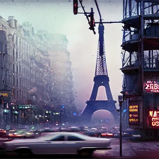 Image similar to A beautiful intricate 8K award-winning ground-level cinematic movie photograph of the future destroyed and decaying neon Eiffel Tower surrounded by corporate billboards. in the year 2043, by Bruno Delbonnel and greg rutkowski. Arri Alexa 65, IMAX 70mm footage. Dirty billboards. Cinematic lighting