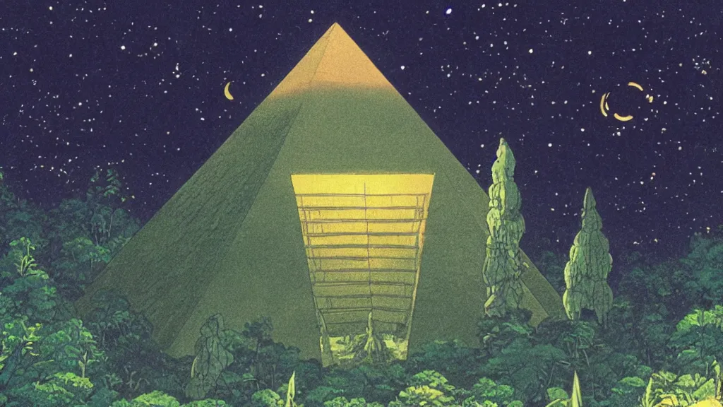 Prompt: a movie still from a studio ghibli film showing a huge glowing pyramid in the rainforest with a floating gold capstone on a misty and starry night. by studio ghibli