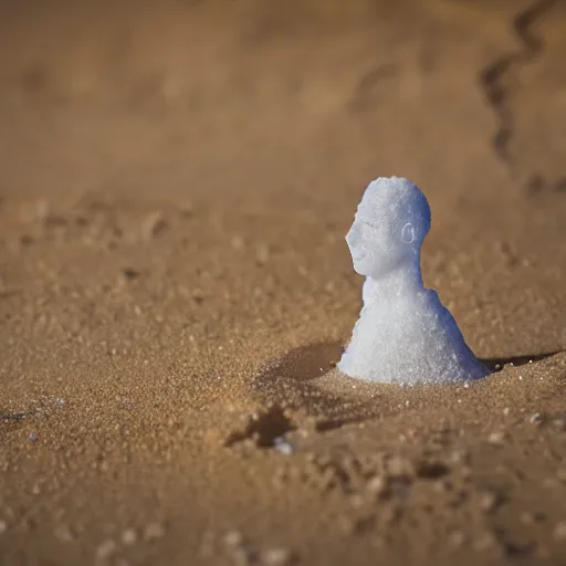 Prompt: salt sculpture made of salt shaped like a 30 year old woman in ancient Canaanite clothing, cracked desert background. somber. haunting. 40mm lens, shallow depth of field, split lighting