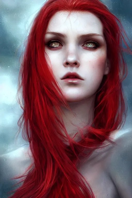 Image similar to extreme close up red haired vampire character portrait, beautiful face, cinematic lighting, hyper - detailed, cgsociety, 8 k, high resolution, in the style of charlie bowater, tom bagshaw, single face, symmetrical, headshot photograph, insanely detailed and intricate, cinematic, portrait, raphaelite, headroom, artstation, pierre - auguste renoir