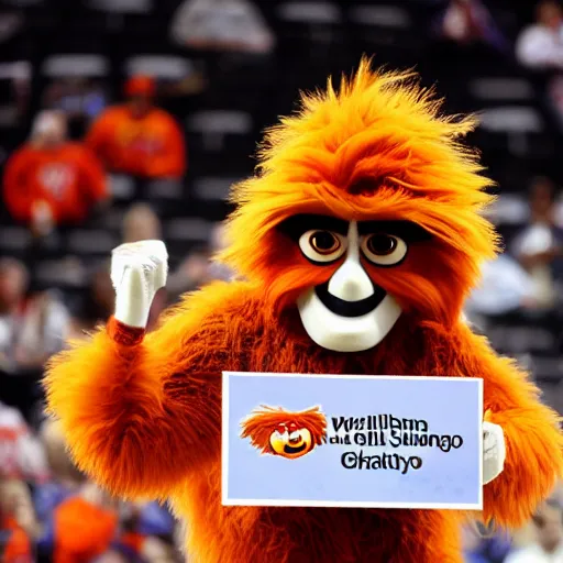 Prompt: the mascot gritty giving a speech at the Wells Fargo center, realistic