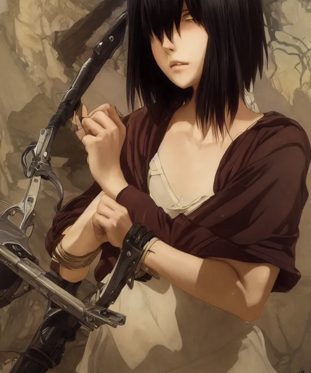 Image similar to Mikasa Ackerman, very detailed, digital art, trending on artstation, concept art, smooth, illustration, art by artgerm and greg rutkowski and alphonse mucha and J. C. Leyendecker and Edmund Blair Leighton and Katsuhiro Otomo and Geof Darrow and Phil hale and Ashley wood and Ilya repin and Charlie Bowater
