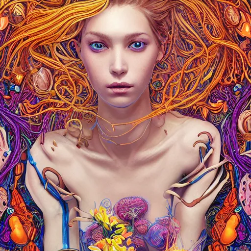 Image similar to the portrait of an unbelievably beautiful woman partially made of onion rings, an ultrafine detailed illustration by james jean, final fantasy, intricate linework, bright colors, behance contest winner, vanitas, angular, altermodern, unreal engine 5 highly rendered, global illumination, radiant light, detailed and intricate environment