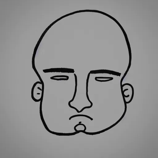 Image similar to hand - drawn minimalistic line portrait of bald man with round face, short beard, small round eyebrows, wide lips and kind blue eyes, black and white, pictogram, ink, pencil