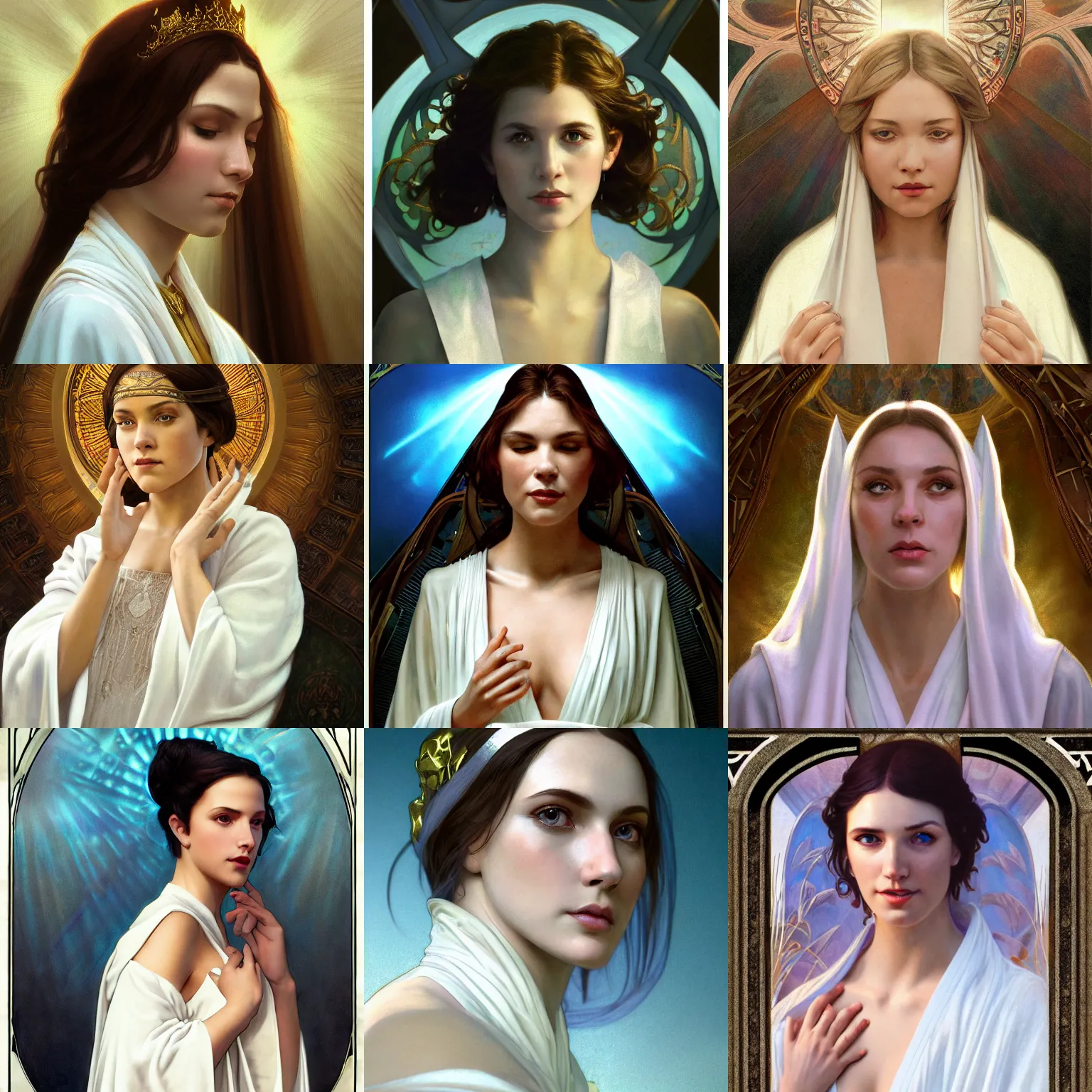 Prompt: macro headshot of samantha maxis wearing a white robe, d & d, fantasy, intricate, rim light, god rays, volumetric lighting, elegant, highly detailed, digital painting, artstation, concept art, smooth, sharp focus, illustration, orthodoxy, art by greg rutkowski, maxfield parrish and alphonse mucha, new art nouveau, tarot card