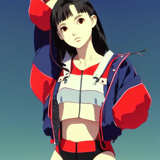 Image similar to a beautiful japanese natalie portman gravure model, wearing oversized native designer bomber jacket and leotard with overalls, bulky poofy bomber jacket with mesoamerican patterns, mesoamerican native street fashion, gapmoe yandere grimdark, trending on pixiv fanbox, painted by greg rutkowski makoto shinkai takashi takeuchi studio ghibli, akihiko yoshida