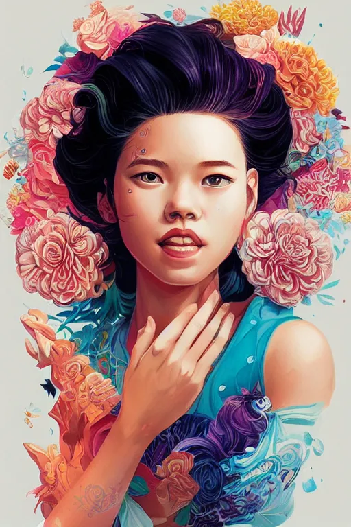 Image similar to a smiling cute girl beautiful skin and wavy hair, tristan eaton, victo ngai, artgerm, rhads, ross draws