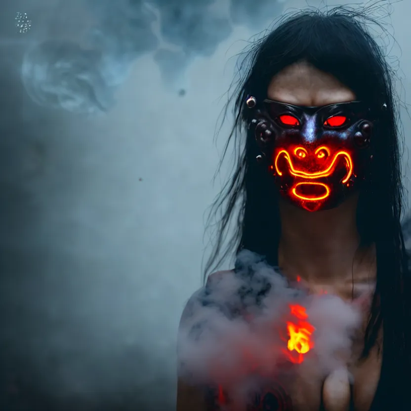 Image similar to a photo close up cyberpunk woman, wearing oni mask, fire dance in cyberpunk dirty alley, smoke mist rain, cyberpunk gunma prefecture, midnight, photorealistic, cinematic color, studio lighting, highly detailed, bokeh, style by tomino - sama