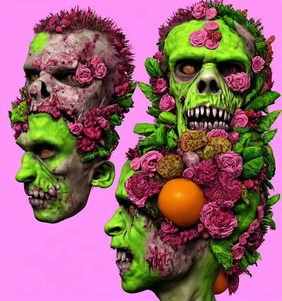 Prompt: portrait headshot of a zombie punk, head made of fruit and flowers in the style of arcimboldo, photorealistic, dynamic lighting, action figure, clay sculpture, claymation, pink and green gradient background, trending on artstation