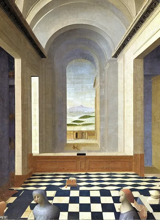 Image similar to renaissance sharp painting of a ethereal room with pastel colors room in central perspective, checkered floor and bright colors in the style of piero della francesca