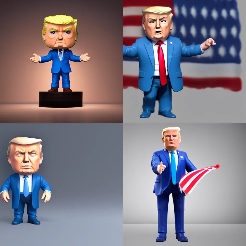 Prompt: full body 3d render of donald trump as a funko pop, studio lighting, grey background, blue suit, single person, no shadow, blender, trending on artstation, 8k, highly detailed