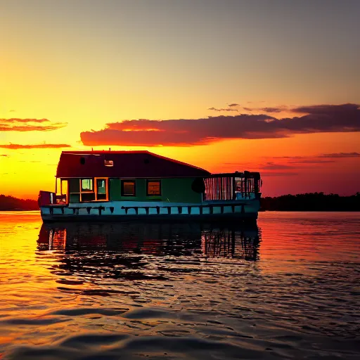 Image similar to a photo of a house boat on the water, sunset