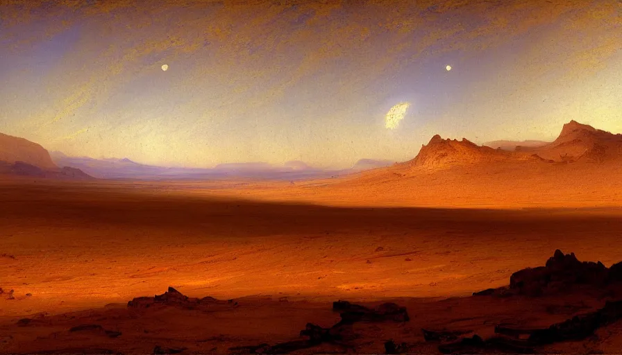 Image similar to A landscape painting for mars, by Thomas Moran, by Albert Bierstadt, courtesy of curiosity rover,