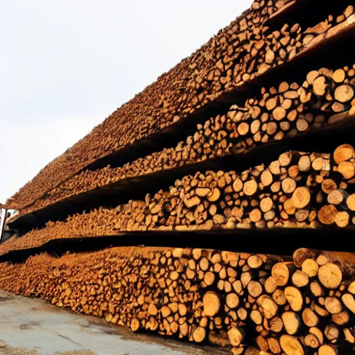 Prompt: taiwanese sawmill factory orange building, big pyramid shaped piles of wood chips