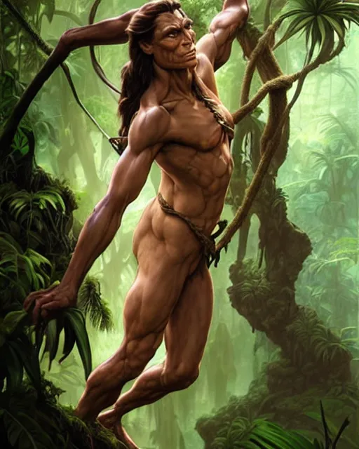 Image similar to tarzan in the jungle, fantasy character portrait, ultra realistic, concept art, intricate details, highly detailed by james bamaruan jia and mandy jurgens and artgerm and william adolphe bouguereau and frank frazetta