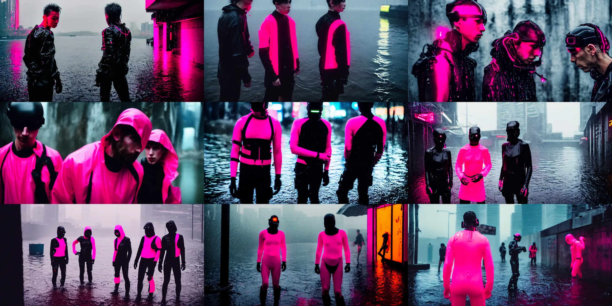 Prompt: cinestill leica lot 1 candid photographic portrait by robert capas of 2 cyborgs wearing rugged neon pink mesh techwear in treacherous waters, extreme narrow shot, bokeh, modern cyberpunk moody depressing cinematic, pouring rain, 8 k, hd, high resolution, 3 5 mm, f / 3 2, ultra realistic faces, ex machina