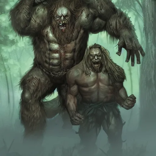 Prompt: a two - headed ettin from dnd in a dark forest, digital art, high quality render, artstation