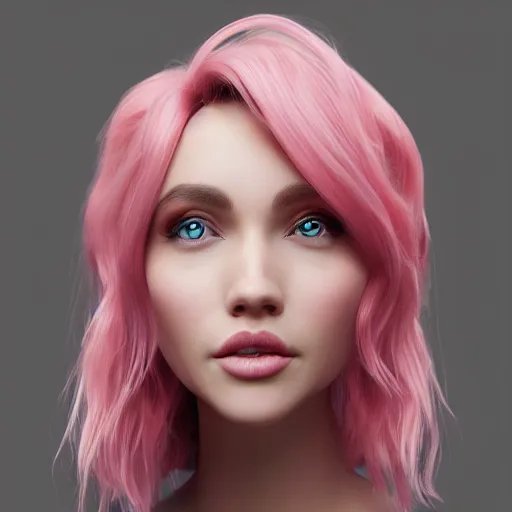 Image similar to the most beautiful woman in the world, in the style of Julia Razumova, beautiful, happy expression, cheery, unreal engine, octane rendering, 8k, closeup headshot, smooth, trending on artstation, digital illustration, pink hair