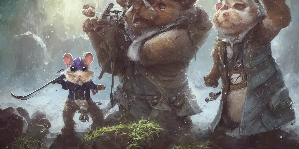 Prompt: dungeons and dragons fantasy painting, portrait of an roborovski dwarf hamster in a suit and tie with a rifle, whimsical and cute, determined expression, watery eyes, anime inspired by krenz cushart, light grey fur, tufty whiskers, bamboo forest, dawn lighting, by brian froud jessica rossier and greg rutkowski