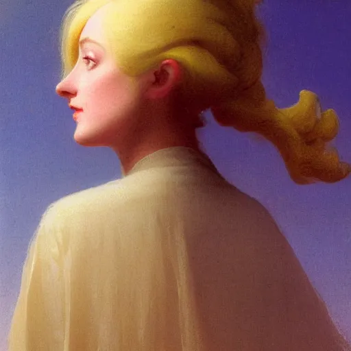 Image similar to a young woman's face, her hair is white and she wears a cobalt blue satin cloak, by ivan aivazovsky and syd mead and moebius and gaston bussiere and roger dean and pieter claesz and paul delaroche and alma tadema and aelbert cuyp and willem claesz, hyperrealistic, volumetric light, octane render