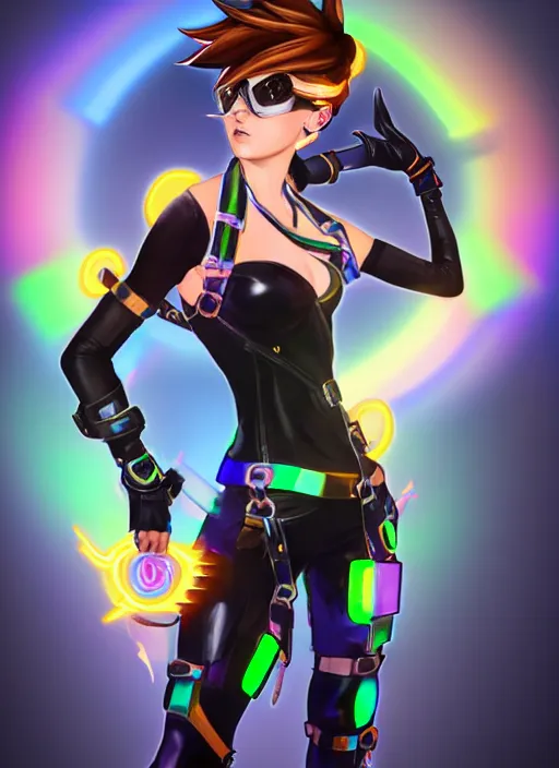 Image similar to full body digital artwork of tracer overwatch, wearing black iridescent rainbow latex tank top, 4 k, expressive happy smug expression, makeup, in style of mark arian, wearing detailed black leather collar, chains, black leather harness, leather cuffs around wrists, detailed face and eyes,