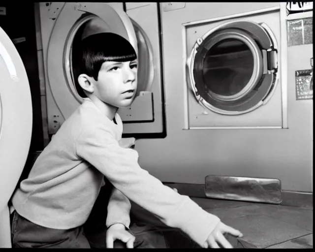 Prompt: young Spock at the laundromat, journalist photo