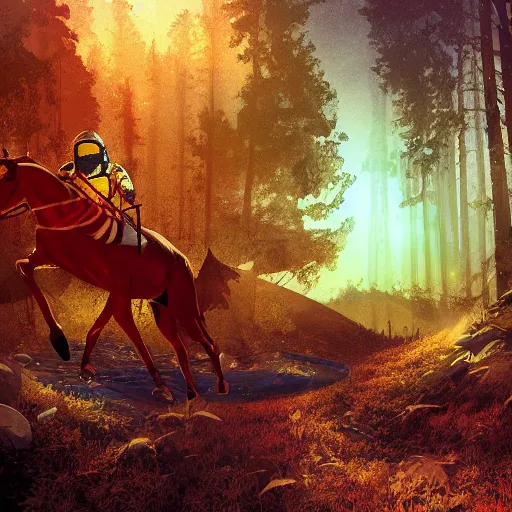 Image similar to arrows struck astronaut riding a horse in a fantasy forest, landscape, morning ambience, cinematic, digital art, front lit, epic, cinematic
