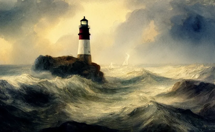 Image similar to a watercolor painting of a single lighthouse in a small rocky island during a violent storm by william turner, high quality, highly detailed, digital painting, masterpiece, turbulent sea, dramatic lighting, cinematic, centered, watercolor, william turner style, 4 k