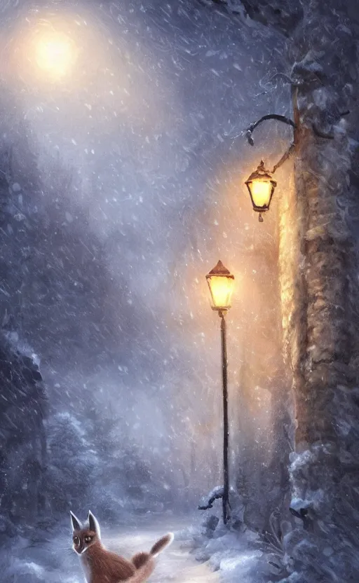 Image similar to cute fluffy caracal, a blurry ambient lantern in the distance of a snowy village at night, dynamic lighting, ambient lighting, atmospherical, photorealistic fantasy concept art, trending on art station, stunning visuals, creative, cinematic, ultra detailed