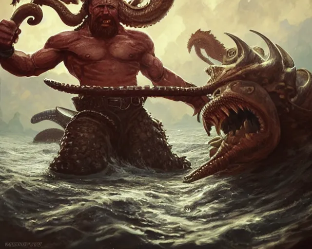 Prompt: chuck norris fighting the kraken with explosive punches, photography of kurzgesagt, deep focus, d & d, fantasy, intricate, elegant, highly detailed, digital painting, artstation, concept art, matte, sharp focus, illustration, hearthstone, art by artgerm and greg rutkowski and alphonse mucha