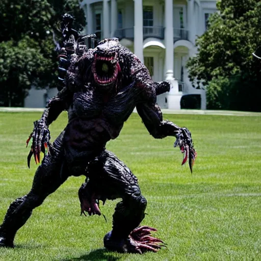 Prompt: joe biden is being chased by a monster from predator on the white house lawn