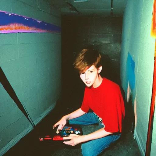 Image similar to teenager in the 9 0 s playing nintendo in a basement, painting